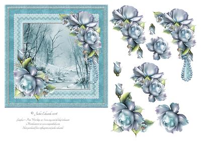 Winter Watercolour Scene with Blue Roses