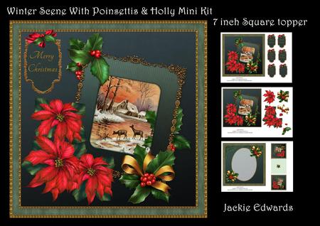 Winter Scene with Poinsettias & Holly
