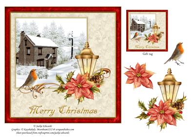 Snowy Cottage Robin Poinsettia & Lantern