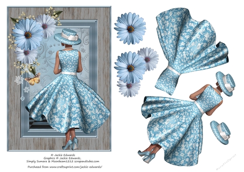 Lady In Blue With Flowers & Butterfly