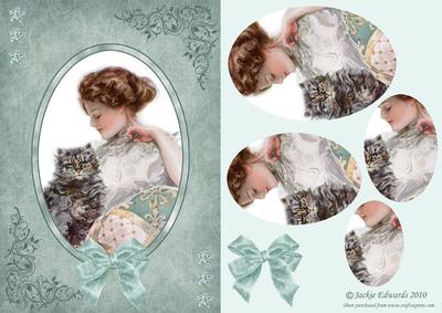 Victorian Beauty with Cat in Oval Frame Card Front