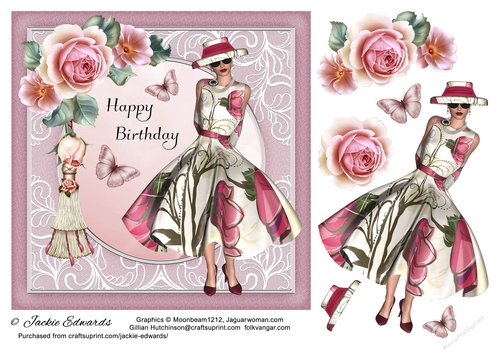 1950s Lady With Pink Roses Butterflies & Tassel