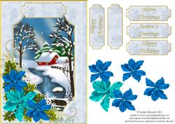Snowy Cottage Framed with Poinsettias
