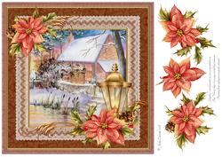 Christmas Cottage Scene Lace and Poinsettias