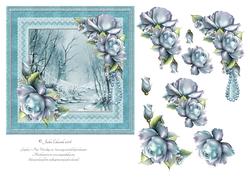 Winter Watercolour Scene with Blue Roses