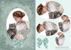 Victorian Beauty with Cat in Oval Frame Card Front