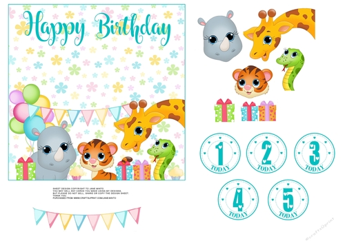A4 SHEET - BABY ANIMALS - BIRTHDAY - WITH AGE CIRCLES 1-5