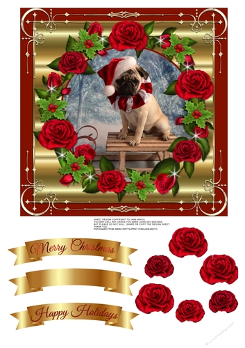 SANTA PUG ON SLEIGH quick card topper