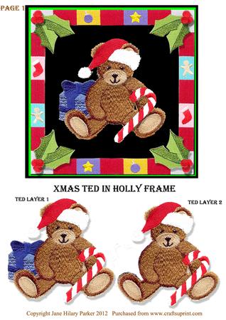 Xmas Ted in Holly Frame 6 x 6 Inches