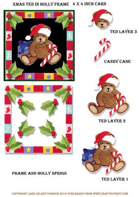 Xmas Ted in Holly Frame, 4 x 4 Card