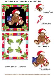 Xmas Ted in Holly Frame, 4 x 4 Card