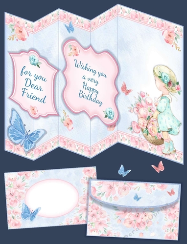 Flower Basket Girl Four Fold Card