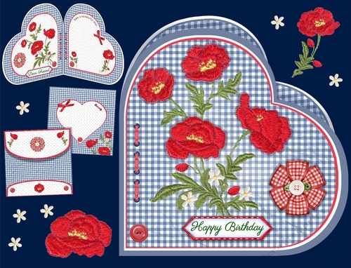Embroidered Poppies Heart Shape Card