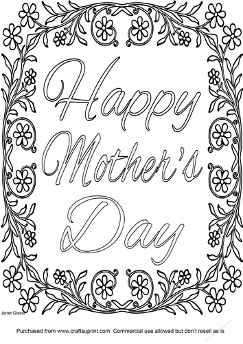 Happy Mothers Day Lettering With Floral Frame Coloring Page/Digi Stamp