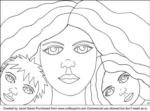 Mother With Children Coloring Page/Digi Stamp