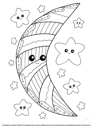 Cute Moon and Stars Coloring Page/Digi Stamp