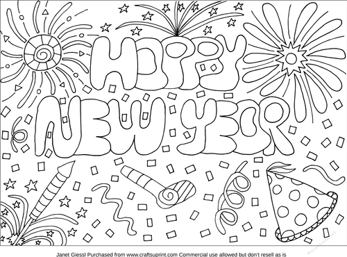 Happy New Year Coloring Page/Digi Stamp