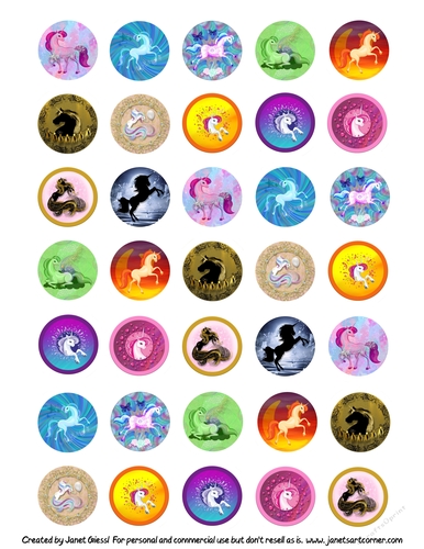 Unicorn Collage Sheet (1.2 x 1.2 inch; 30 mm), Circle Images