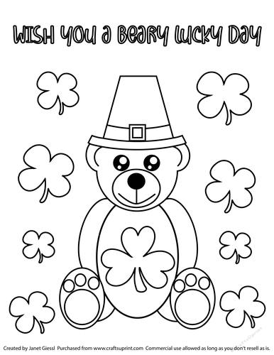 Cute Saint Patricks Day Teddy Bear Coloring Page/Digi Stamp