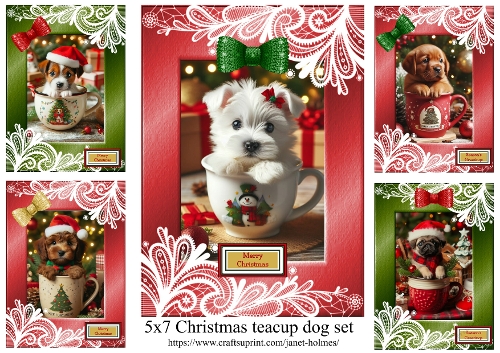 5x7 Christmas teacup dogs