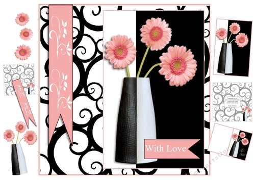 Pink Flowers in a Black and White Vase