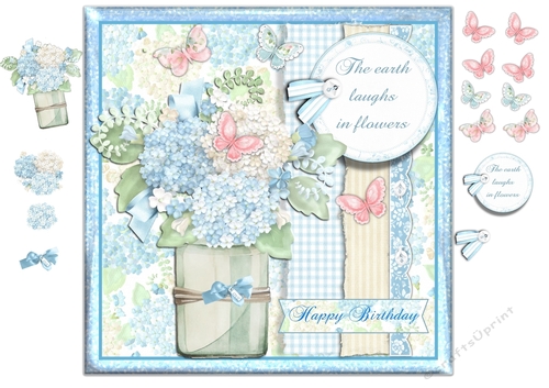 Vase of Pretty Blue Flower and Butterflies