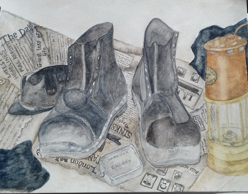 Pit Boots On Old Newspaper Featuring Sinking Of The Titanic CU4CU