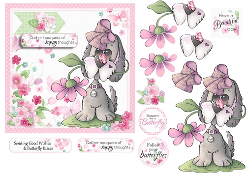 Dog With Flowers And Butterflies