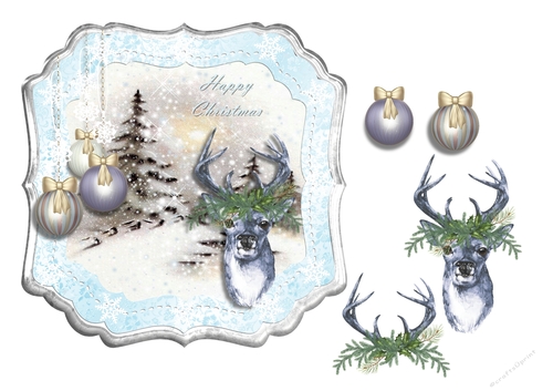 Christmas Deer in Blue and Silver Frame with Baubles and Snow