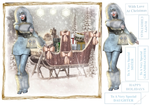 Christmas Sleigh and Lady In Fur With Lamp