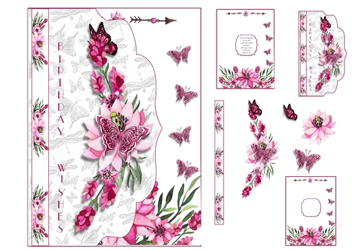 A5 Fancy Edge Pink Butterfly and Flower Spray