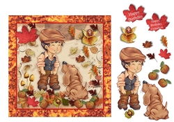 A boy and his dog kicking up the leaves