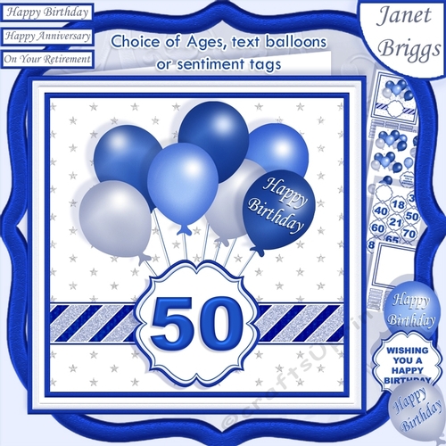 BLUE & SILVER BIRTHDAY BALLOONS & AGES 7.5 Decoupage & Insert