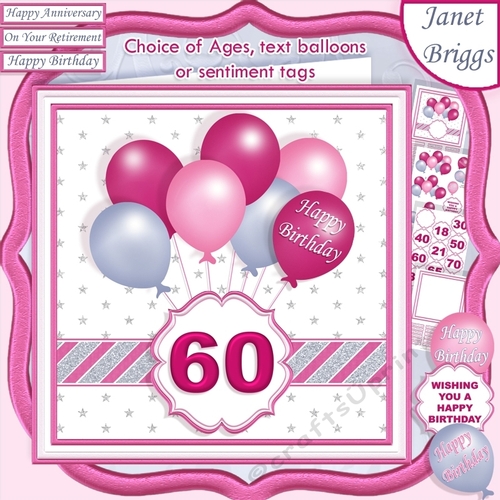 PINK & SILVER BIRTHDAY BALLOONS & AGES 7.5 Decoupage & Insert