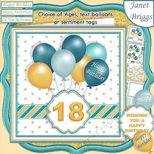 TEAL & GOLD BIRTHDAY BALLOONS & AGES 7.5 Decoupage & Insert