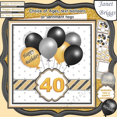 BLACK & GOLD BIRTHDAY BALLOONS & AGES 7.5 Decoupage & Insert