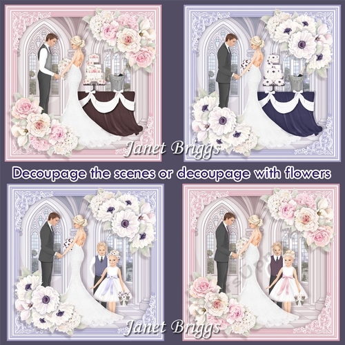 WEDDING DAY Pink or Lavender Scenes & Optional Flowers 7.5 Decoupage Bumper Kit