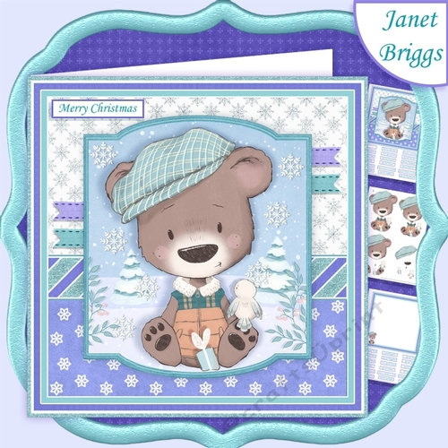 BEAR IN FLAT CAP 7.5 Christmas Decoupage & Insert Card Kit