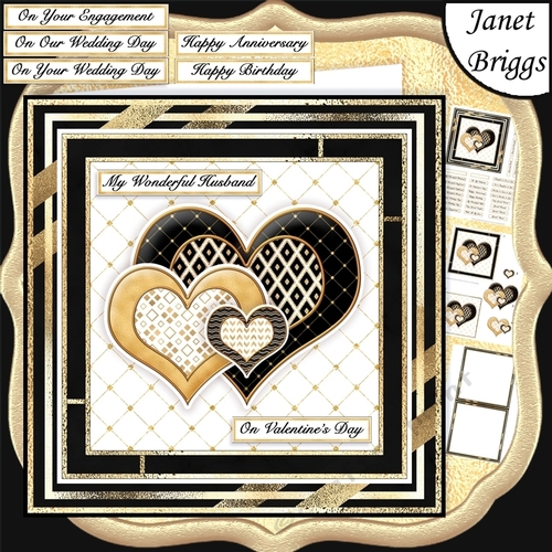 BLACK & GOLD HEARTS Various Occasions 6x6 Decoupage & Insert Card Kit