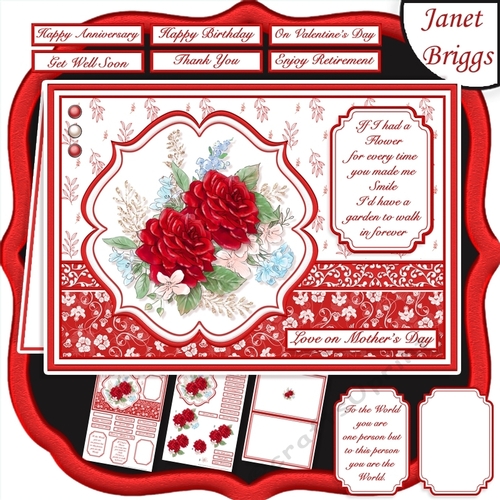RED ROSES SPRAY A5 Decoupage & Insert Card Kit