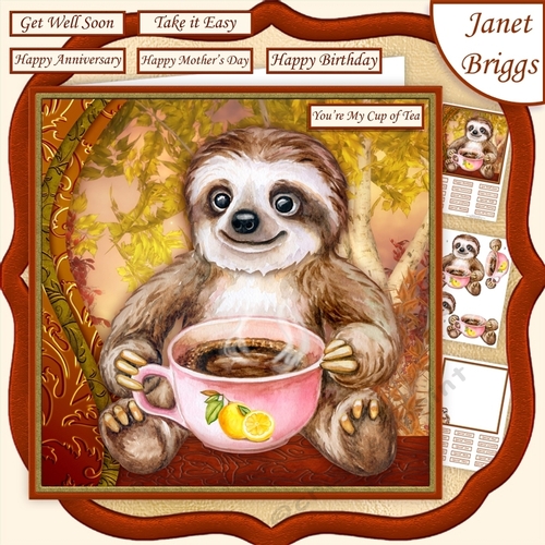 SLOTH MY CUP OF TEA 7.5 Decoupage Card Kit Various Occasions