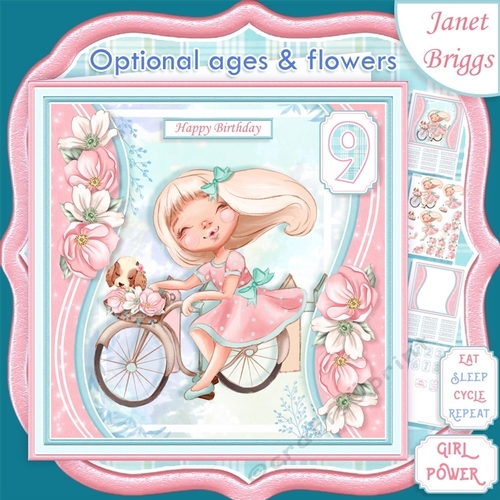 GIRL ON BIKE 7.5 Decoupage & Optional Ages Card Kit