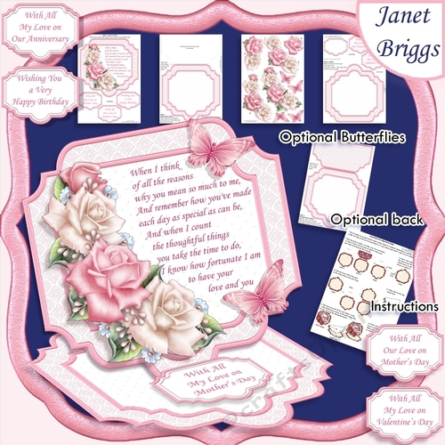 PINK & WHITE ROSES Large Easel Card Kit 7.7 All Occasions