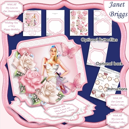 LADY WITH PINK & WHITE ROSES Large Easel Card Kit 7.7 All Occasions