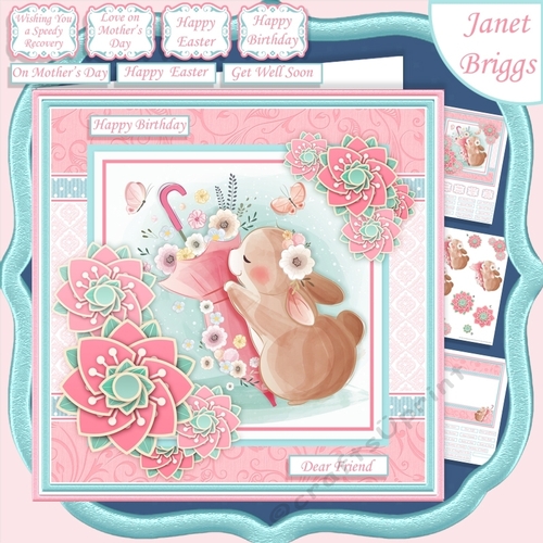 SPRING BUNNY WITH UMBRELLA 7.5 Decoupage & Insert Card Kit