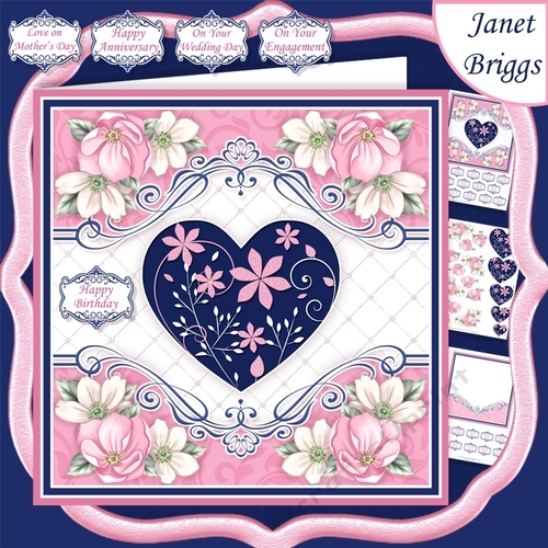 PINK & NAVY FLORAL HEART 7.5 Decoupage Card Kit