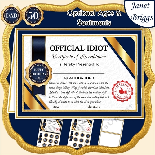 OFFICIAL IDIOT Humorous A5 Certificate Ages & Insert Card Kit