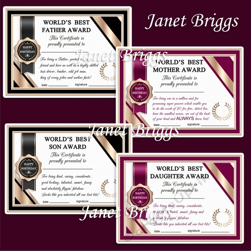 HUMOROUS FAMILY CERTIFICATES SET 1 A5 Quick Cards & Ages Bumper Kit