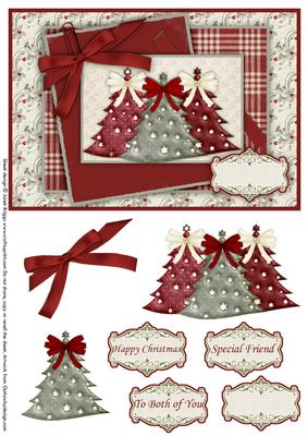 3 Christmas Trees in Red and Green Decoupage