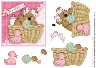 Baby Girl Bear in Basket Topper & Decoupage